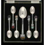 A SET OF SEVEN SEMI PRECIOUS STONE SET SILVER SPOONS  DESIGNED BY WALTER BELK AND MANUFACTURED BY