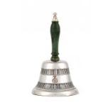 A RARE OLD SHEFFIELD PLATE TABLE BELL WITH GREEN STAINED IVORY HANDLE, C1790  crested, 11cm h