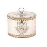 AN OLD SHEFFIELD PLATE OVAL TEA CADDY BY FENTON, CRESWICK & CO, C1775  with swivel knop and lock,