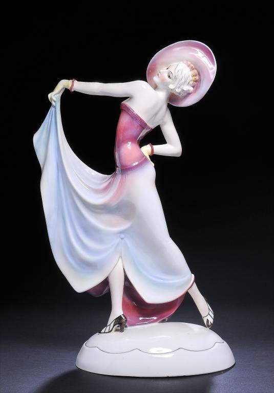 A HERTWIG & CO KATZHUTTE EARTHENWARE FIGURE OF A DANCER, C1935 50cm h, impressed 8, green printed