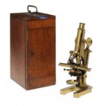 A BRASS MICROSCOPE BY R & J BECK LTD  NO 25620  with triple objective turret, substage condenser and