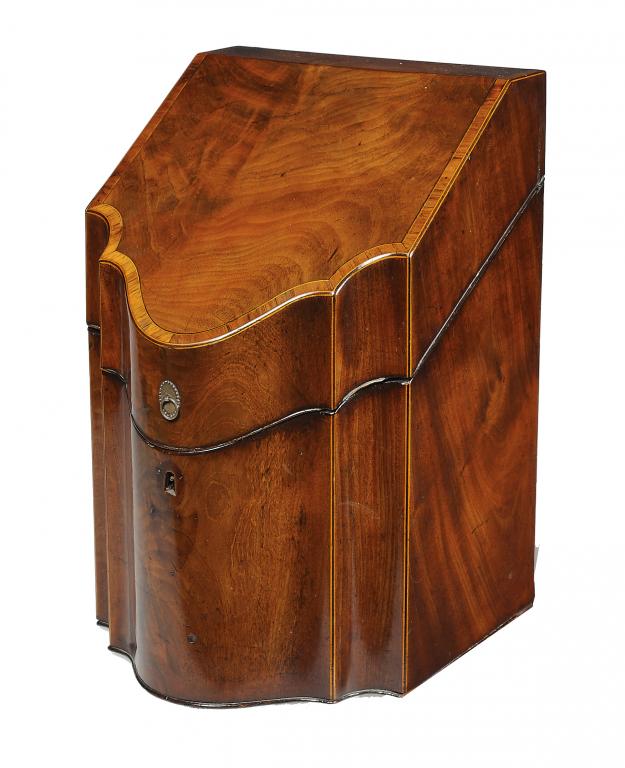 A GEORGE III MAHOGANY, ROSEWOOD AND LINE INLAID CUTLERY BOX with fitted interior, 35cm h ++In