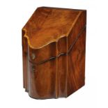 A GEORGE III MAHOGANY, ROSEWOOD AND LINE INLAID CUTLERY BOX with fitted interior, 35cm h ++In