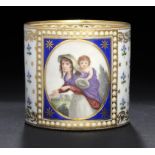 A   DERBY COFFEE CAN, C1790   painted by James Banford with The Beggar Girl on a blue reserve in '