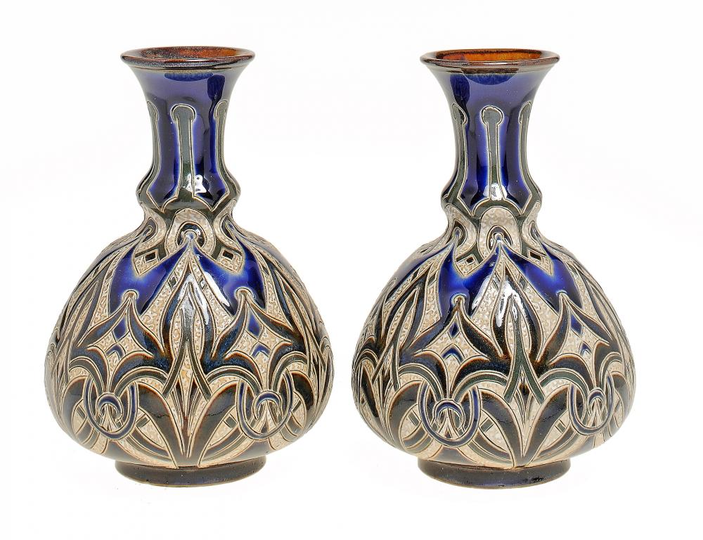 A PAIR OF DOULTON WARE VASES BY EDITH D LUPTON, 1887 15cm h, impressed marks, incised artist's