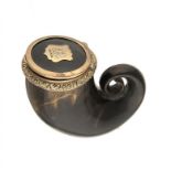 A SCOTTISH GOLD MOUNTED HORN SNUFF MULL, C1840  with foliate chased mount, the lid applied with a