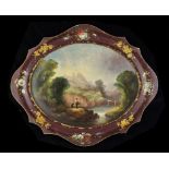 A VICTORIAN JAPANNED TEA TRAY, C1840  painted with figures in a mountainous landscape beneath a