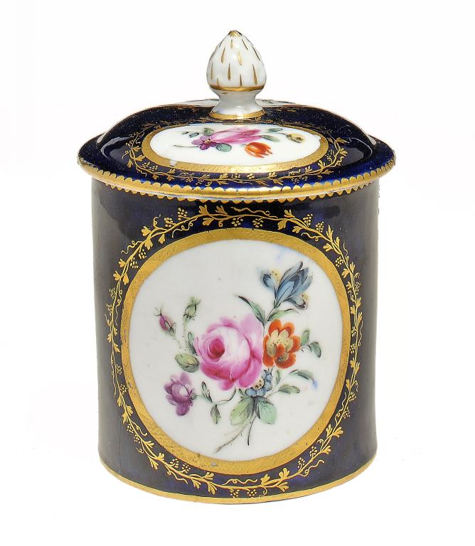 A DERBY MAZARINE GROUND TOILET POT AND COVER, C1775 painted with round or oval medallions of