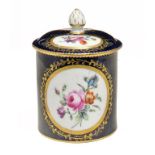 A DERBY MAZARINE GROUND TOILET POT AND COVER, C1775 painted with round or oval medallions of