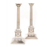 A PAIR OF OLD SHEFFIELD PLATE COLUMNAR CANDLESTICKS BY BOULTON & FOTHERGILL, C1775  the plinth