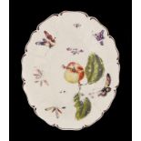 A DERBY STAND, C1758-60 enamelled with an apple and insects, 23cm w ++Not cracked or chipped, no