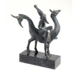 20TH CENTURY SCHOOL TWO HEADED BEAST AND RIDER bronze, dark green patina, on serpentine base, 13cm h