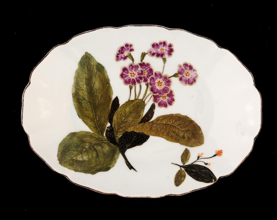 A CHELSEA OVAL STAND, C1760  painted with a primula, 22cm w, brown   anchor  ++Some light wear,