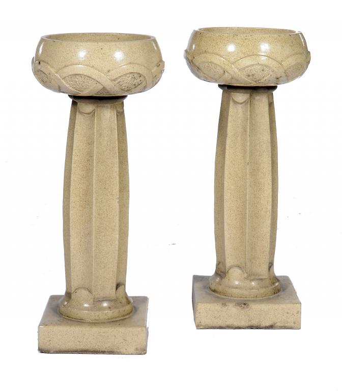 A PAIR OF LEEDS FIRECLAY CO LEFCO WARE GARDEN VASES AND PEDESTALS, IN THE MANNER OF ARCHIBALD