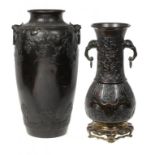 TWO JAPANESE BRONZE VASES, MEIJI  one on a gilt bronze foot, 46 and 50cm h ++Much accretion of old