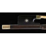 A VIOLIN BOW stamped CUNIOT-HURY, the round stick of red-brown colour,  nickel and ebony mounts, 58g