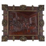 A VICTORIAN MAHOGANY CARVING AFTER HOGARTH'S MARRIAGE A LA MODE, 19TH C in contemporary parcel