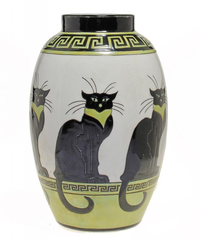 AN ART DECO KERALOUVE (LA LOUVIERE) EARTHENWARE BLACK CAT VASE, C1925 28cm h, printed mark ++In good