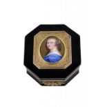 A FINE COMPOSITION AND GOLD  SNUFF BOX  THE   WITH AN   ENAMEL MINIATURE OF  JEAN PETITOT, LATE 18TH