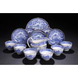 A SET OF SIX STAFFORDSHIRE PORCELAIN FLUTED BLUE AND WHITE TEA BOWLS AND SAUCERS, A SAUCER DISH