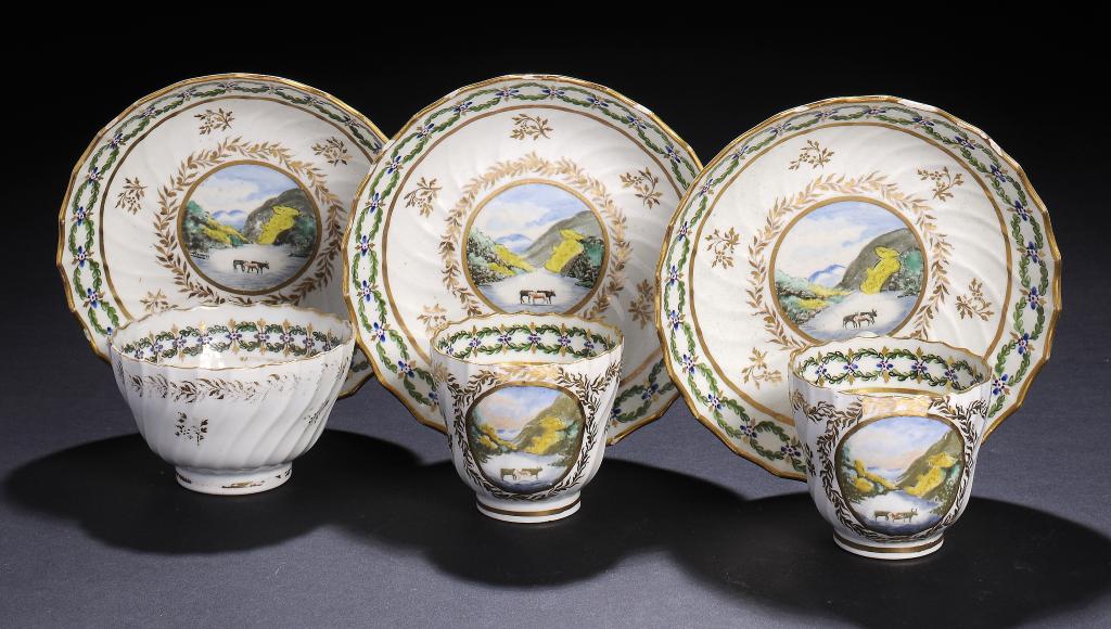 A GROUP OF CAUGHLEY POLYCHROME TEAWARE, C1792-5 painted at Chamberlain's Worcester by the same