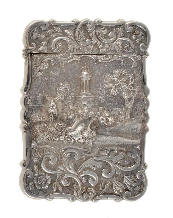A VICTORIAN SILVER CARD CASE BY NATHANIEL MILLS  the front die stamped in high relief with the Burns