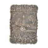 A VICTORIAN SILVER CARD CASE BY NATHANIEL MILLS  the front die stamped in high relief with the Burns