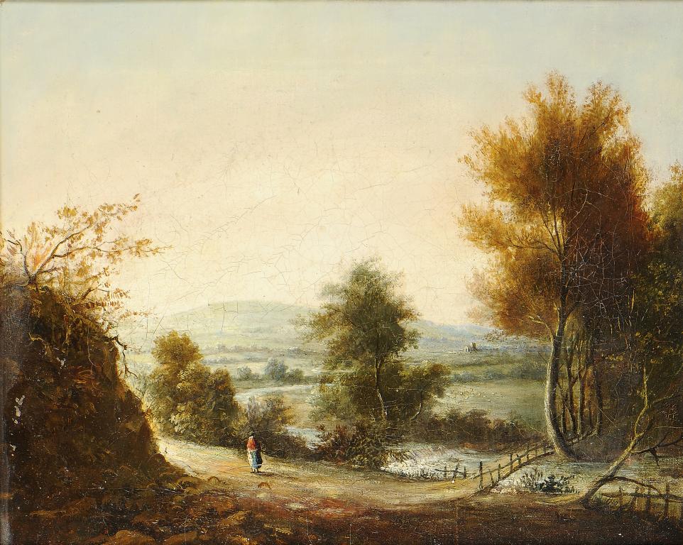 ENGLISH SCHOOL, 19TH CENTURY EXTENSIVE LANDSCAPE WITH A FIGURE    oil on canvas, 29 x 35.5cm ++