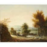 ENGLISH SCHOOL, 19TH CENTURY EXTENSIVE LANDSCAPE WITH A FIGURE    oil on canvas, 29 x 35.5cm ++