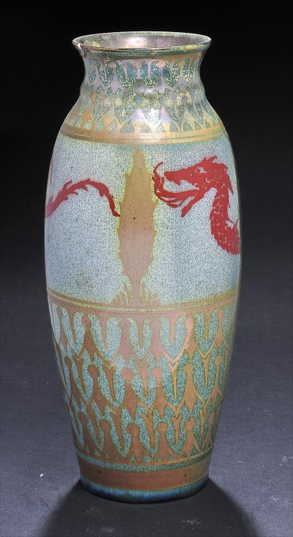 A PILKINGTON'S ROYAL LANCASTRIAN LUSTRE WARE VASE BY GORDON FORSYTH, 1906  painted with a dragon and