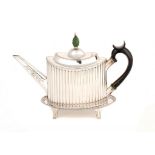 AN OLD SHEFFIELD PLATE 'CORRUGATED' TEAPOT AND STAND, C1790  with green stained ivory pineapple knop