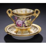 A DERBY GILT GROUND CABINET CUP AND SAUCER, C1820  the cup finely painted with continuous flowers,