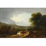 ENGLISH SCHOOL, 19TH C A DROVER AND CATTLE IN A WOODED LANDSCAPE  bears signature, oil on canvas,