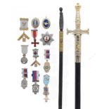 FREEMASONRY.  A COLLECTION OF MASONIC REGALIA  including two gold and one silver gilt and enamel