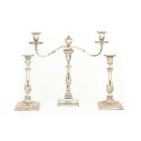 A PAIR OF OLD SHEFFIELD PLATE CANDLESTICKS BY WINTER, PARSONS & HALL, C1778 AND A CANDELABRUM BY