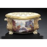 A DERBY BOMBÉ BOUGH POT AND COVER, C1815 painted with a rectangular landscape panel reserved on a