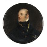 AN ENGLISH PAPIER MACHÉ BOX COVER PAINTED BY SAMUEL RAVEN (C1775-1847) with the portrait of Prince