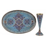 A RUSSIAN SILVER GILT AND CLOISONNÉ ENAMEL TRAY AND VASE BY GUSTAV KLINGERT  tray 24cm w, Cyrillic