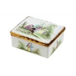 A GERMAN GILTMETAL MOUNTED ENAMEL SNUFF BOX, C1770 finely painted with romantic scenes, a single