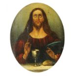 19TH C COPYIST CHRIST BLESSING THE BREAD AND   WINE  oil on zinc, oval, 16.5 x 13cm ++The old rather