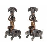 A FINE PAIR OF BRONZE BOY ON A CROCODILE CANDLESTICKS, 19TH C  rich brown patina, dark in places,