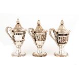 THREE OLD SHEFFIELD PLATE PIERCED VASE SHAPED MUSTARD POTS BY MORTON & CO, C1775, FOUR OTHERS OF