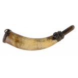 AN AMERICAN CIVIL WAR  BRASS MOUNTED POWDER HORN, C1861 the cap engraved E/57, with two suspension