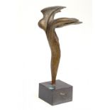 20TH CENTURY WING FORM  bronze, light brown patina on slate veneered base, 15cm h ++Dusty but