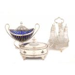 AN OLD SHEFFIELD PLATE OVAL BUTTER DISH AND COVER, AN OVAL WIREWORK BASKET AND COVER, BOTH WITH BLUE