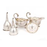 A PAIR OF OLD SHEFFIELD PLATE SAUCE BOATS, C1768-70, A WINE FUNNEL AND LINER, ANOTHER, BOTH C1790