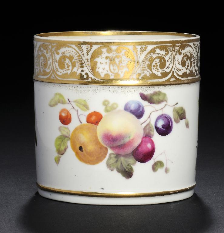 A DERBY MUG, C1820  painted in the manner of Thomas Steel with fruit, 9cm h, red painted mark and