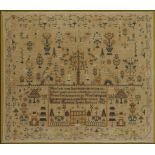A LINEN ADAM AND EVE SAMPLER BY ANN WOMACK AGED 12YRS, DATED 1829  worked in coloured wool, 56 x