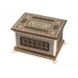 A FINE EGYPTIAN IVORY, WOOD, MUSHRABIYA AND MOTHER OF PEARL INCENSE BOX BY E HATOUN & SONS, EARLY