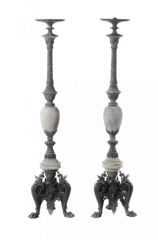 A PAIR OF FRENCH BRONZE AND BELGE NOIR PORTE-TORCHÈRES IN THE MANNER OF BARBEDIENNE, C1870   170cm h